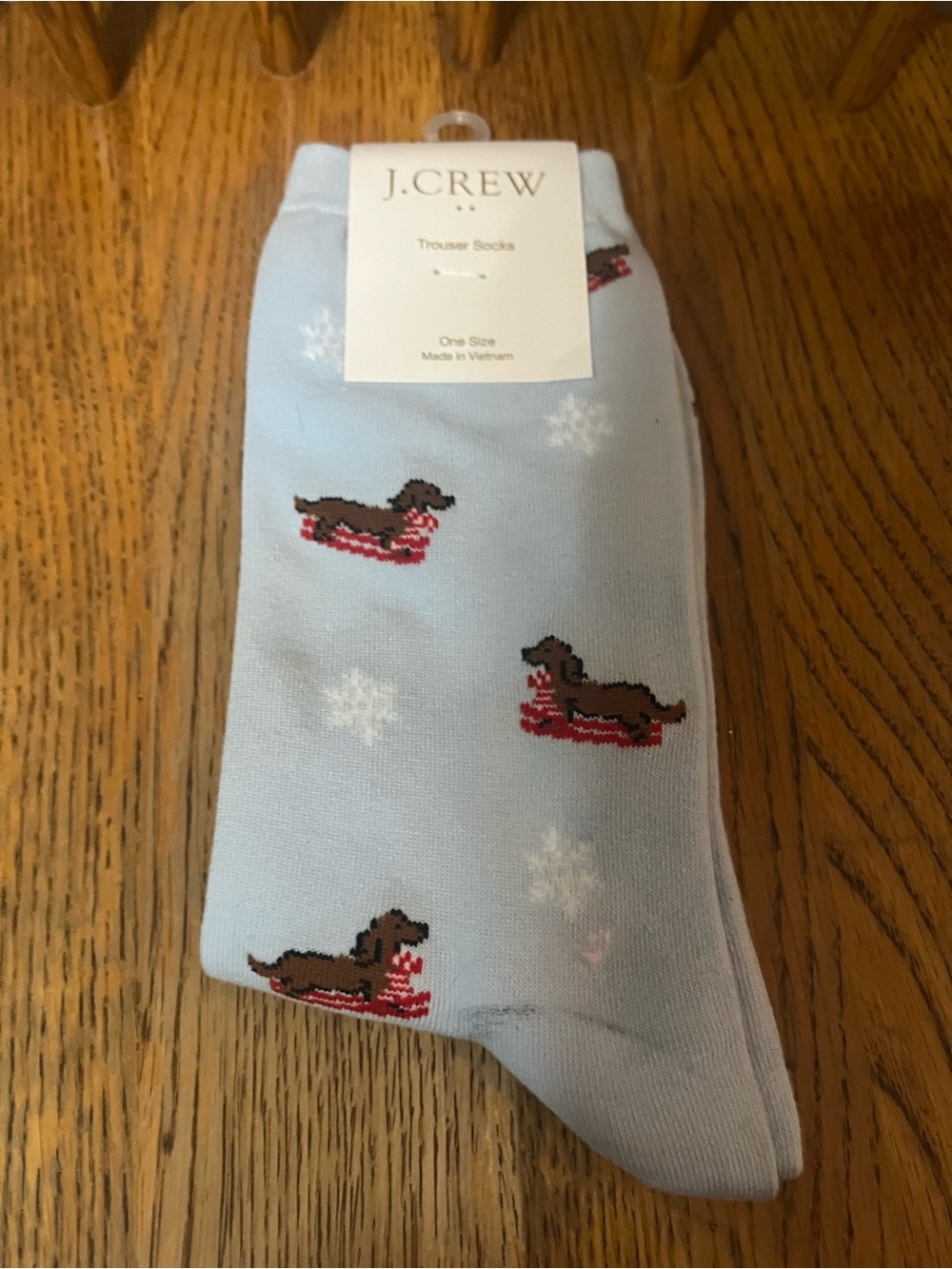 J. Crew Light Blue Dachshund Novelty Trouser Socks with Snowflakes